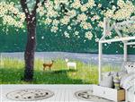 تصویر 4 از گالری عکس طرح پوستر کاغذ دیواری نقاشی آهویی در جنگل با درختان پرشکوفه و گل