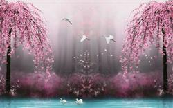 تصویر 1 از گالری عکس طرح لایه باز پوستر کاغذ دیواری سه بعدی چشم انداز رویایی زیبا درخت و شکوفه های صورتی و قو های عاشق