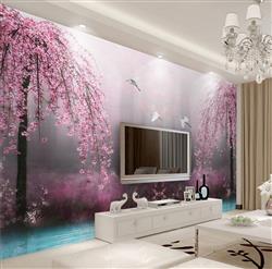 تصویر 2 از گالری عکس طرح لایه باز پوستر کاغذ دیواری سه بعدی چشم انداز رویایی زیبا درخت و شکوفه های صورتی و قو های عاشق