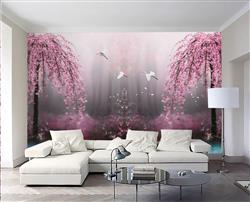 تصویر 3 از گالری عکس طرح لایه باز پوستر کاغذ دیواری سه بعدی چشم انداز رویایی زیبا درخت و شکوفه های صورتی و قو های عاشق