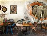 تصویر 3 از گالری عکس طرح لایه باز پوستر کاغذ دیواری سه بعدی نوستالژی فیل در سوراخ دیوار و اسباب اثاثیه قدیمی و زیبا