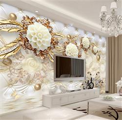 تصویر 2 از گالری عکس طرح لایه باز پوستر کاغذ دیواری سه بعدی لوکس طلایی و گل سفید همراه با طلا و جواهر