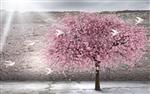 تصویر 2 از گالری عکس طرح پوستر کاغذ دیواری سه بعدی کبوتر و شکوفه های هلو در حیاطی با دیوار آجری