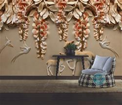 تصویر 2 از گالری عکس طرح پوستر کاغذ دیواری سه بعدی نقش برجسته گل الک و آهو های زیبا