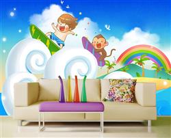 تصویر 3 از گالری عکس پوستر دیواری اتاق کودک موجسواری پسر بچه با میمون و رنگین کمان