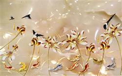 تصویر 1 از گالری عکس پوستر دیواری سه بعدی گل های هلندی طلایی و ماهی و پرنده