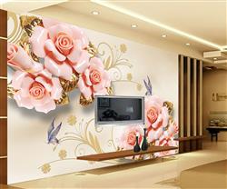 تصویر 4 از گالری عکس پوستر دیواری سه بعدی گل های هلندی صورتی و پس زمینه طلایی