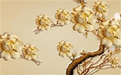 تصویر 1 از گالری عکس پوستر دیواری سه بعدی گل های هلندی طلایی روی درخت و پس زمینه طلایی