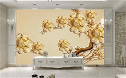 تصویر 2 از گالری عکس پوستر دیواری سه بعدی گل های هلندی طلایی روی درخت و پس زمینه طلایی