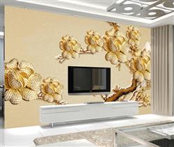 تصویر 3 از گالری عکس پوستر دیواری سه بعدی گل های هلندی طلایی روی درخت و پس زمینه طلایی