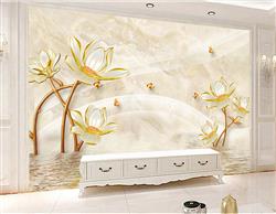 تصویر 2 از گالری عکس پوستر دیواری سه بعدی گل های هلندی طلایی با شاخه ی قهوه ای پس زمینه سفید طرح دار