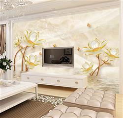 تصویر 3 از گالری عکس پوستر دیواری سه بعدی گل های هلندی طلایی با شاخه ی قهوه ای پس زمینه سفید طرح دار