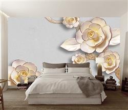 تصویر 2 از گالری عکس پوستر دیواری سه بعدی گل های سفید با حاشیه طلایی