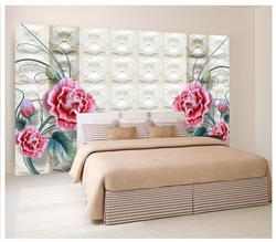 تصویر 4 از گالری عکس پوستر دیواری سه بعدی گل های صورتی با برگ های سبز و پس زمینه مربعی