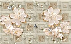 تصویر 1 از گالری عکس پوستر دیواری سه بعدی گل های کرم در پس زمینه سرامیکی