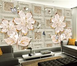 تصویر 3 از گالری عکس پوستر دیواری سه بعدی گل های کرم در پس زمینه سرامیکی