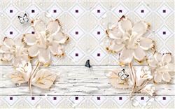 تصویر 1 از گالری عکس پوستر دیواری سه بعدی گل های هلندی کرم و طلایی در پس زمینه سرامیکی