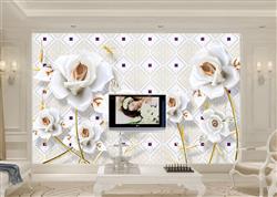 تصویر 2 از گالری عکس پوستر دیواری سه بعدی گل های هلندی سفید و قهوه ای در پس زمینه کاشی