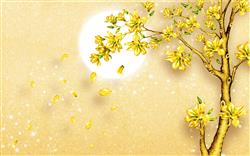 تصویر 1 از گالری عکس پوستر دیواری سه بعدی درخت ببرگ های طلایی و پس زمینه طلایی