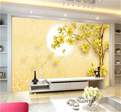 تصویر 3 از گالری عکس پوستر دیواری سه بعدی درخت ببرگ های طلایی و پس زمینه طلایی