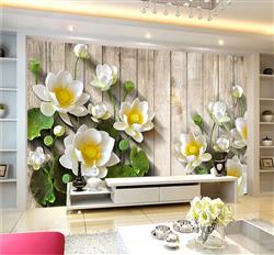 تصویر 3 از گالری عکس پوستر دیواری سه بعدی گل های هلندی سفید و برگ های سبز در پس زمینه طرح چوب