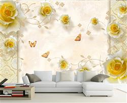 تصویر 5 از گالری عکس پوستر دیواری سه بعدی گل های هلندی طلایی و پس زمینه طرح دار