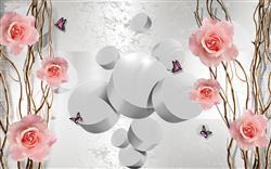 تصویر 1 از گالری عکس پوستر دیواری سه بعدی گل های صورتی آویزان و استوانه های سفید
