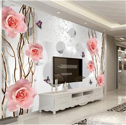 تصویر 2 از گالری عکس پوستر دیواری سه بعدی گل های صورتی آویزان و استوانه های سفید