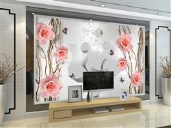 تصویر 3 از گالری عکس پوستر دیواری سه بعدی گل های صورتی آویزان و استوانه های سفید