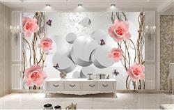 تصویر 4 از گالری عکس پوستر دیواری سه بعدی گل های صورتی آویزان و استوانه های سفید