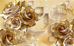 تصویر 1 از گالری عکس پوستر دیواری سه بعدی گل های طلایی سفید با پس زمینه بژ