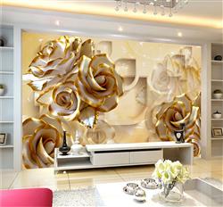 تصویر 3 از گالری عکس پوستر دیواری سه بعدی گل های طلایی سفید با پس زمینه بژ