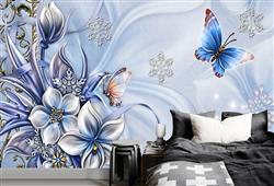 تصویر 3 از گالری عکس پوستر دیواری سه بعدی گل های آبی و نیلی با تم برفی