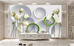 تصویر 4 از گالری عکس پوستر دیواری سه بعدی گل های سفید و دایره های پس زمینه