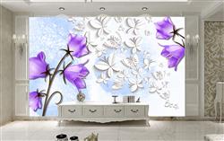 تصویر 2 از گالری عکس پوستر دیواری سه بعدی گل های بنفش با پس زمینه پروانه های سفید