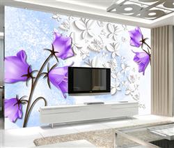 تصویر 3 از گالری عکس پوستر دیواری سه بعدی گل های بنفش با پس زمینه پروانه های سفید