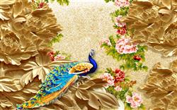 تصویر 1 از گالری عکس پوستر دیواری سه بعدی طاووس و پس زمینه طلایی و گل های صورتی قرمز
