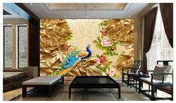 تصویر 2 از گالری عکس پوستر دیواری سه بعدی طاووس و پس زمینه طلایی و گل های صورتی قرمز
