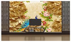 تصویر 3 از گالری عکس پوستر دیواری سه بعدی طاووس و پس زمینه طلایی و گل های صورتی قرمز