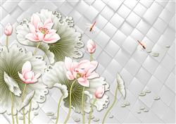 تصویر 1 از گالری عکس پوستر دیواری سه بعدی گل های صورتی با برگ های سبز