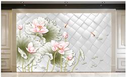 تصویر 2 از گالری عکس پوستر دیواری سه بعدی گل های صورتی با برگ های سبز