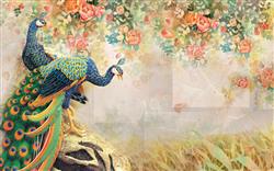 تصویر 1 از گالری عکس پوستر دیواری سه بعدی دو طاووس و پس زمینه گل