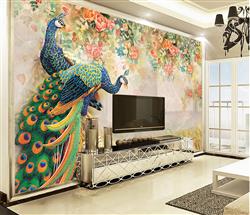 تصویر 4 از گالری عکس پوستر دیواری سه بعدی دو طاووس و پس زمینه گل