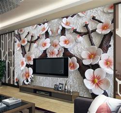 تصویر 2 از گالری عکس پوستر دیواری سه بعدی گل های سفید گلبهی روی شاخه های قهوی ای