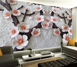 تصویر 3 از گالری عکس پوستر دیواری سه بعدی گل های سفید گلبهی روی شاخه های قهوی ای