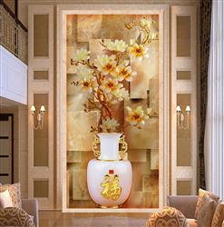 تصویر 4 از گالری عکس پوستر دیواری سه بعدی گل های طلایی با پس زمینه سنگ های آنتیک
