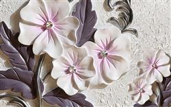تصویر 1 از گالری عکس پوستر دیواری سه بهدی دیوار سفید و گل های صورتی با برگ های بنفش