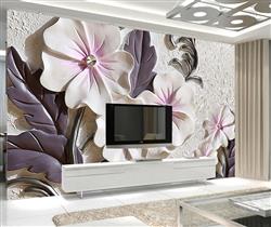 تصویر 3 از گالری عکس پوستر دیواری سه بهدی دیوار سفید و گل های صورتی با برگ های بنفش