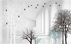 تصویر 1 از گالری عکس پوستر دیواری سه بعدی نقاشی دیجیتال پرنده ها و درختان