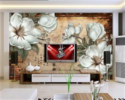 تصویر 3 از گالری عکس پوستر دیواری سه بعدی گل های هلندی سفید در پس زمنیه اجری